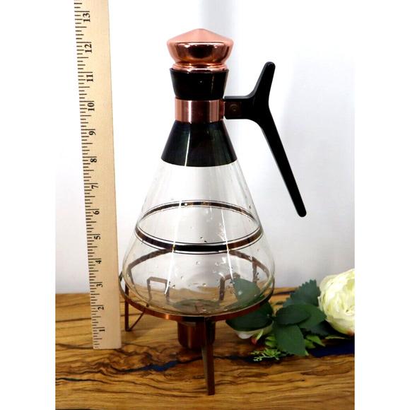 Vintage MCM Inland Glass & Copper Coffee Tea Carafe Pot Server With Heating Base - Picture 2 of 7